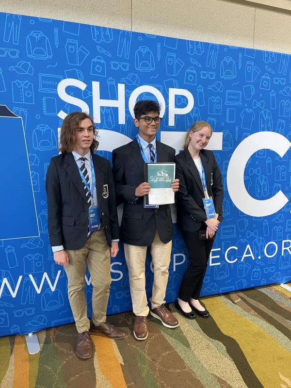 The Cape High Start Up Business Plan team comprising (l-r) Jacob Mclean, Krish Prattipati and Kathryn Costello shares their business, Synergy, an indoor hydroponic farm, with judges. The team placed first at the state conference back in February.